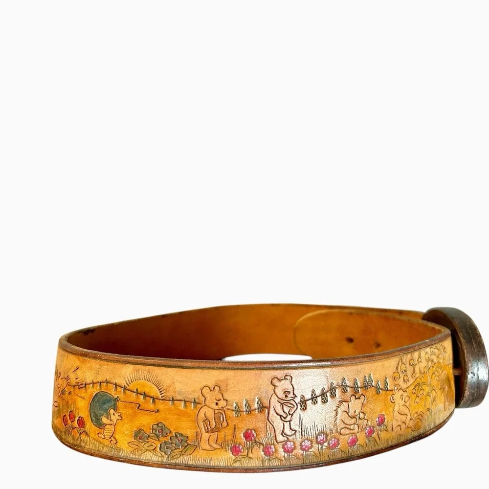 70s Hand Tooled Winnie the Pooh Leather Belt - Size 23-29